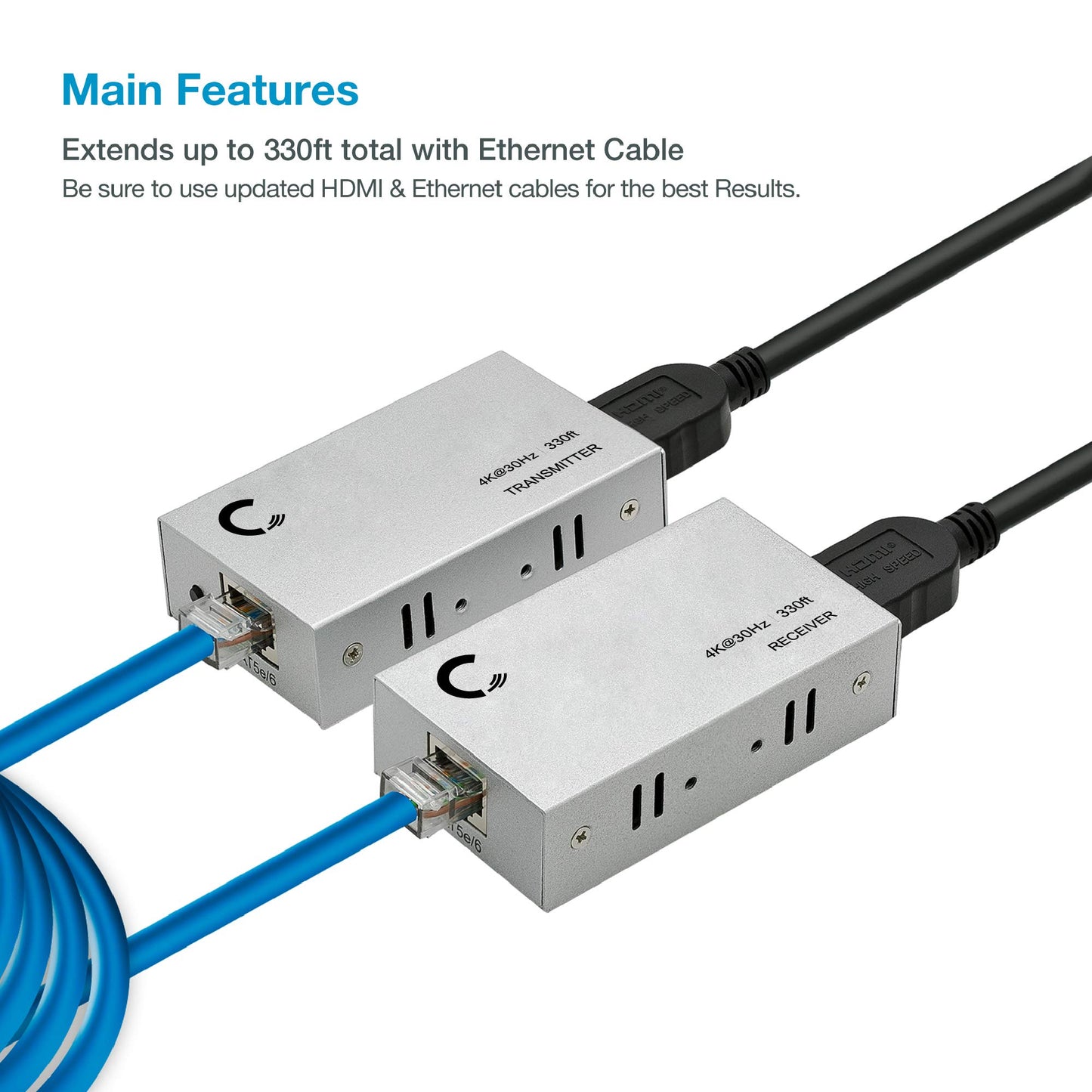 Expert Connect ET4K100M 4K@30Hz HDMI 1.4 Extender Over Cat5e/Cat6/Cat7 330 ft (100 m), HDCP 1.4, with Loop-Out, IR Pass-Through & Surge Protection