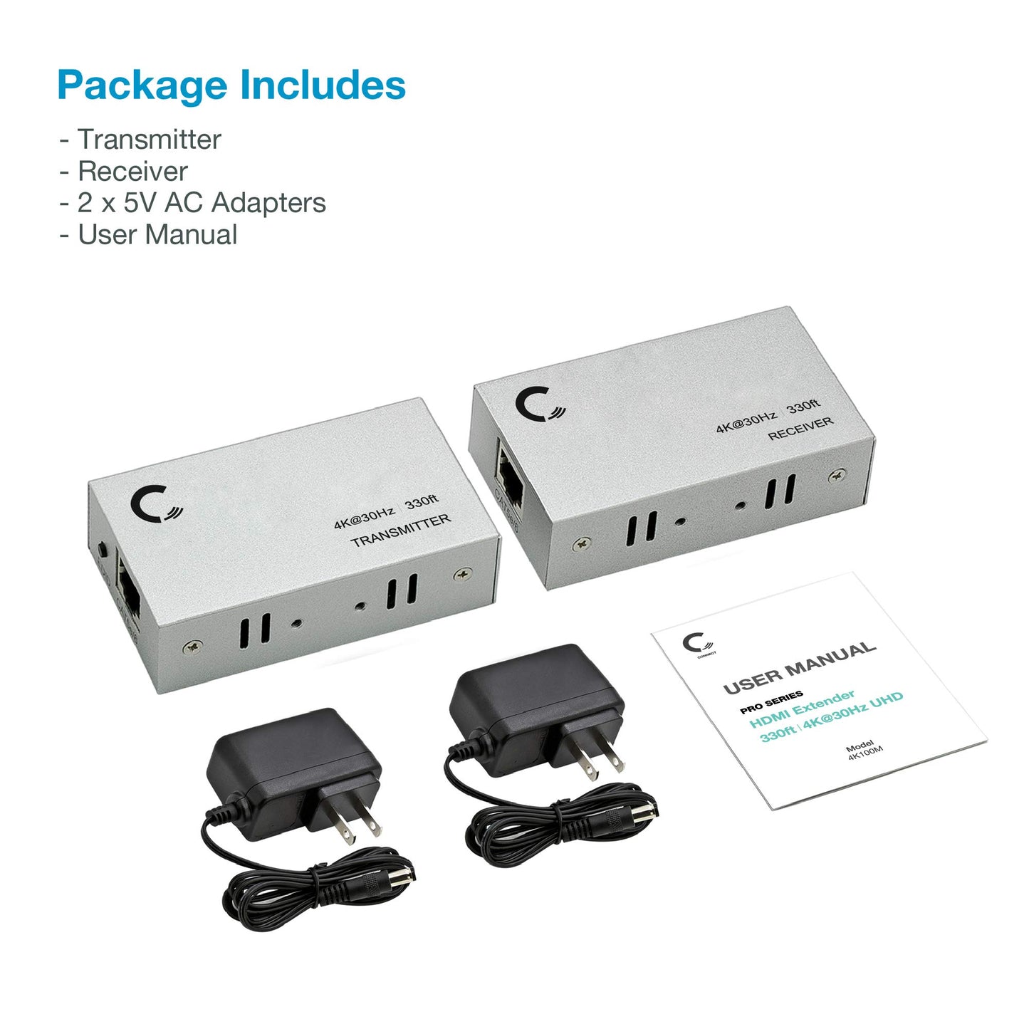 Expert Connect ET4K100M 4K@30Hz HDMI 1.4 Extender Over Cat5e/Cat6/Cat7 330 ft (100 m), HDCP 1.4, with Loop-Out, IR Pass-Through & Surge Protection