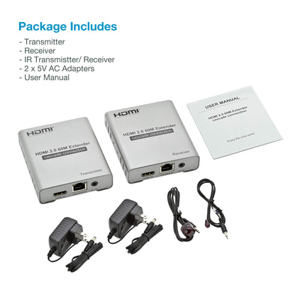 Expert Connect ET4K60M – 4K@60Hz HDMI 2.0 Extender over Cat6/Cat7 (200 ft), HDR10, HDCP 2.2, IR & Loop-Out