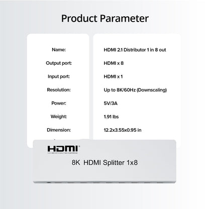 Expert Connect HDMI Splitter 1 in 8 Out  8K@60Hz, HDMI 2.1, HDCP 2.3, HDR10+, Dolby Vision, EDID, IR Extension, Downscaling, Powered 1x8 8K Duplicator with LED Indicators for PS5, Xbox, TV - Expert Connect