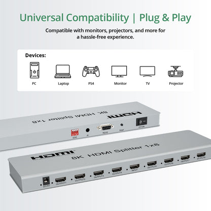 Expert Connect HDMI Splitter 1 in 8 Out  8K@60Hz, HDMI 2.1, HDCP 2.3, HDR10+, Dolby Vision, EDID, IR Extension, Downscaling, Powered 1x8 8K Duplicator with LED Indicators for PS5, Xbox, TV - Expert Connect