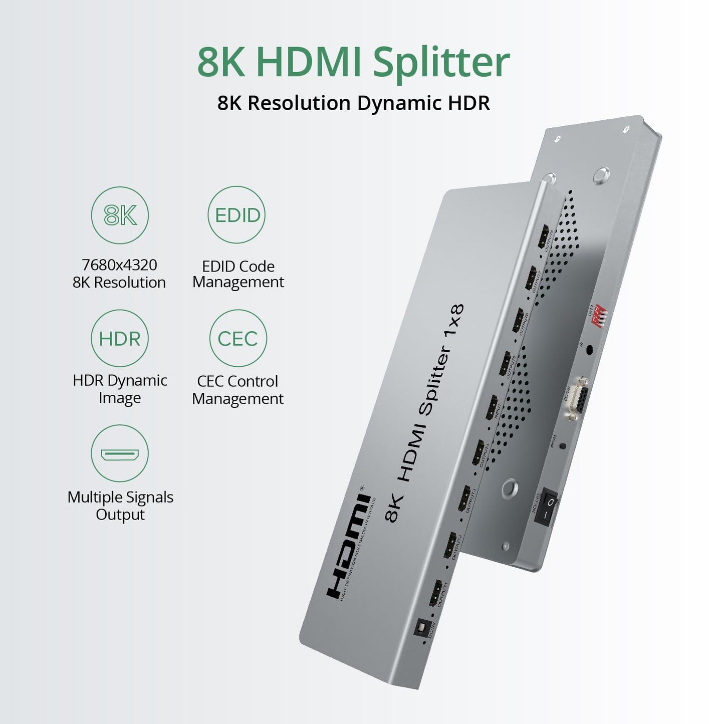 Expert Connect HDMI Splitter 1 in 8 Out  8K@60Hz, HDMI 2.1, HDCP 2.3, HDR10+, Dolby Vision, EDID, IR Extension, Downscaling, Powered 1x8 8K Duplicator with LED Indicators for PS5, Xbox, TV - Expert Connect