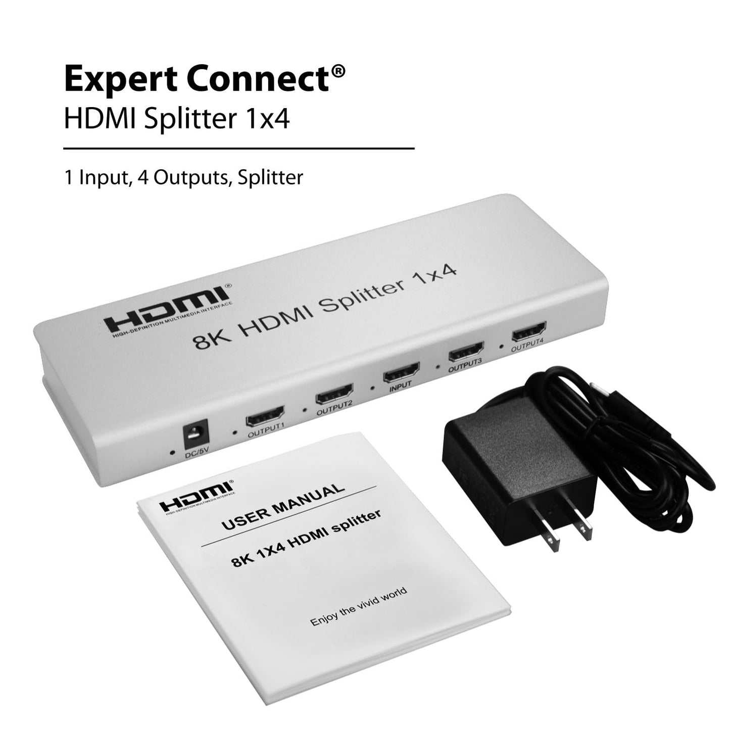Expert Connect 1×4 HDMI Splitter – 8K@60 / 4K@120 (HDMI 2.1), HDCP 2.3, HDR, 40 Gbps, 1-In 4-Out - Expert Connect